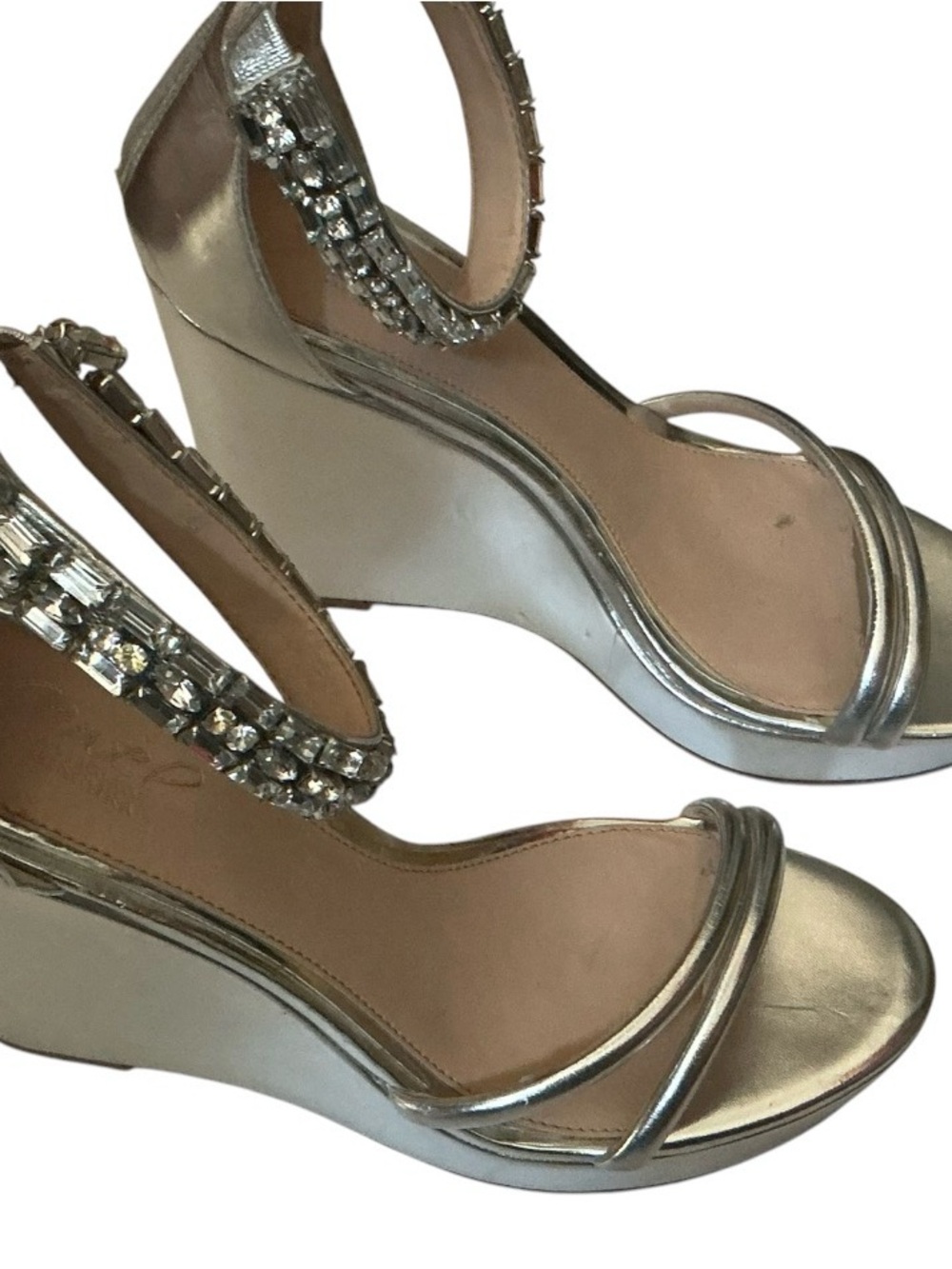 Badgley Mischka Silver Jeweled Ankle-Strap Wedges